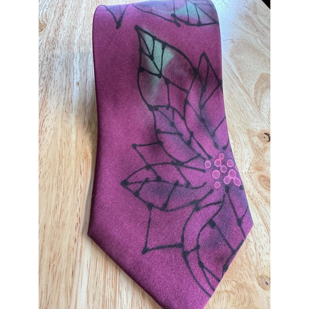 Robert Daskal Wayne Furman Hand Painted Silk Tie Burgundy Floral Wearable Art